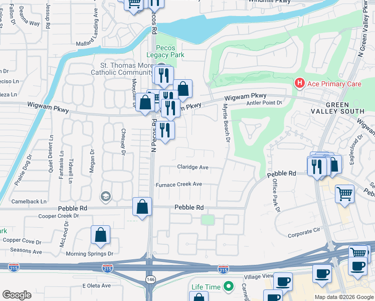 map of restaurants, bars, coffee shops, grocery stores, and more near 66 Reflections Road in Henderson
