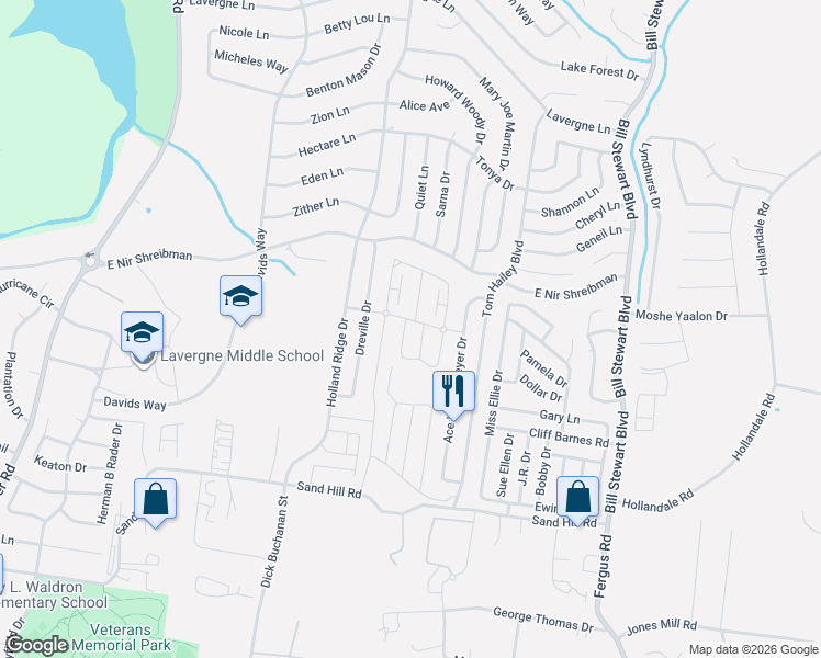 map of restaurants, bars, coffee shops, grocery stores, and more near 207 Kirkside Drive in La Vergne
