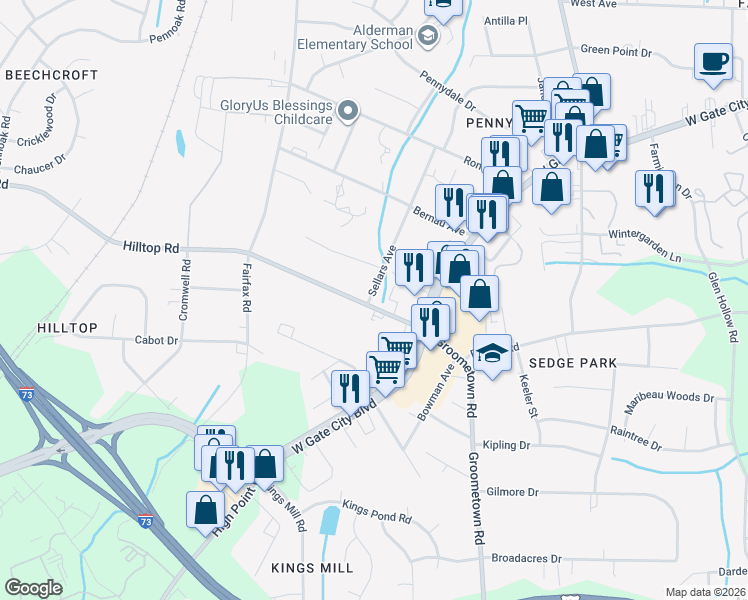 map of restaurants, bars, coffee shops, grocery stores, and more near 4218 Hilltop Road in Greensboro