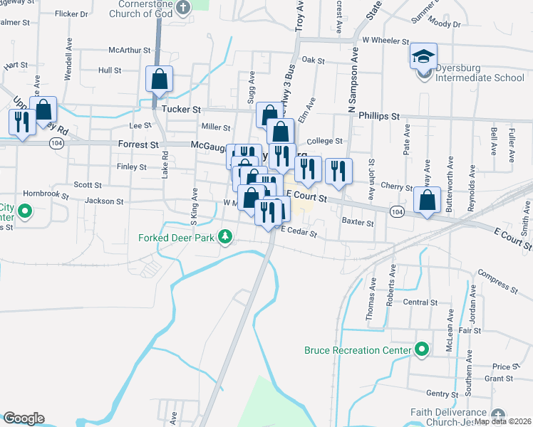 map of restaurants, bars, coffee shops, grocery stores, and more near 113-115 North Market Street in Dyersburg