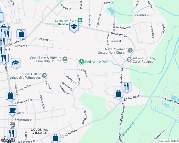 map of restaurants, bars, coffee shops, grocery stores, and more near 1102 Pecan Place in Durham