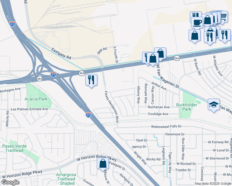 map of restaurants, bars, coffee shops, grocery stores, and more near 685 Finch Island Avenue in Henderson