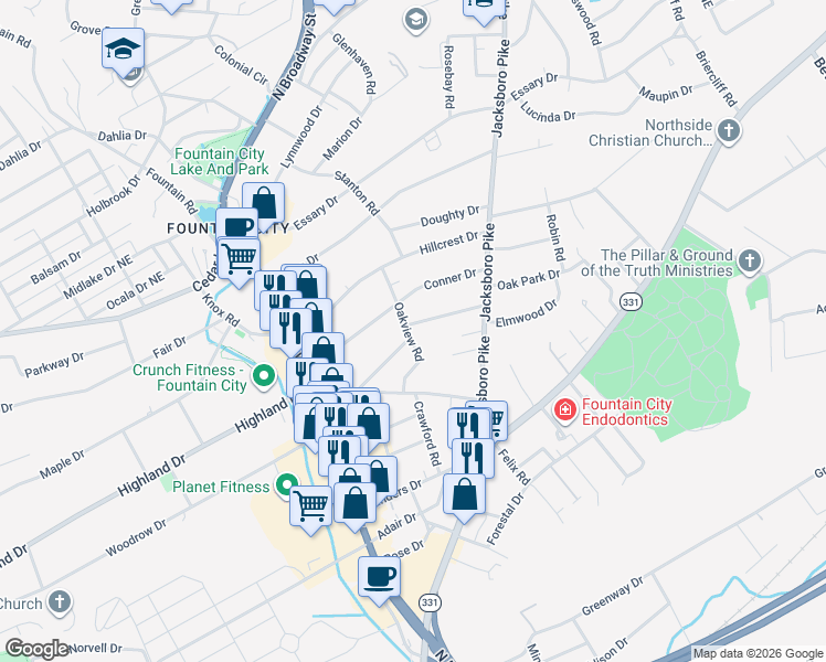 map of restaurants, bars, coffee shops, grocery stores, and more near 200 Lynnview Drive in Knoxville