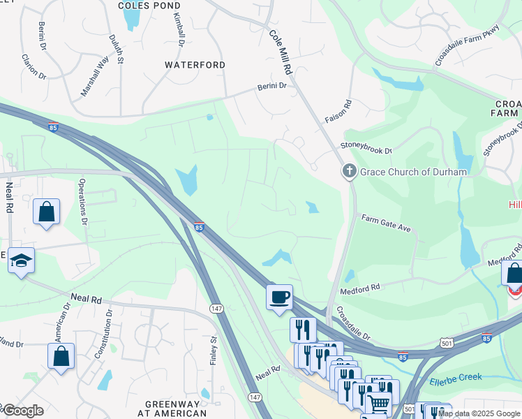 map of restaurants, bars, coffee shops, grocery stores, and more near 1113 Basalt Court in Durham