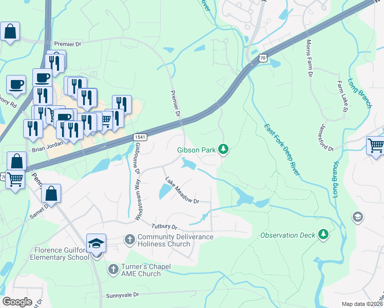 map of restaurants, bars, coffee shops, grocery stores, and more near 3934 Elizabeth Glen Way in Jamestown