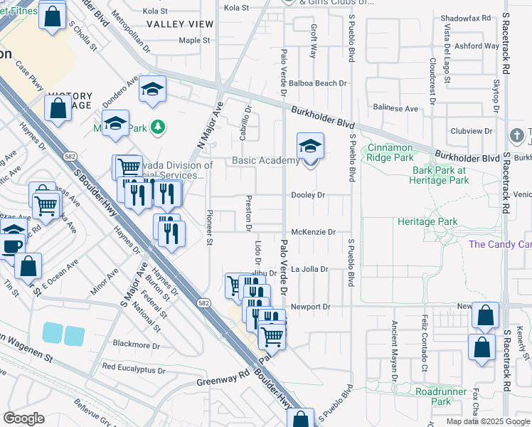 map of restaurants, bars, coffee shops, grocery stores, and more near 389 Newbury Court in Henderson