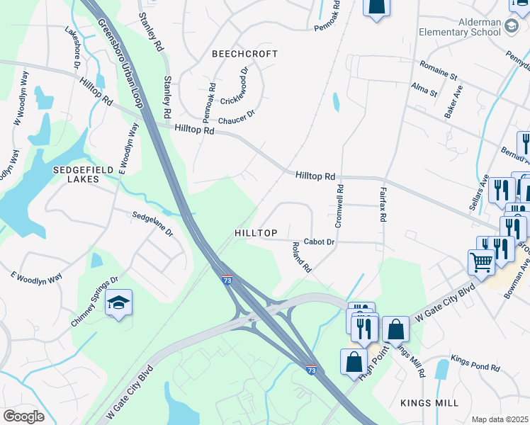 map of restaurants, bars, coffee shops, grocery stores, and more near 2607 Norwood Drive in Greensboro