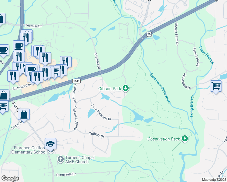 map of restaurants, bars, coffee shops, grocery stores, and more near 3934 Elizabeth Glen Way in Jamestown