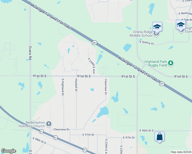 map of restaurants, bars, coffee shops, grocery stores, and more near 23426 91st Street South in Broken Arrow