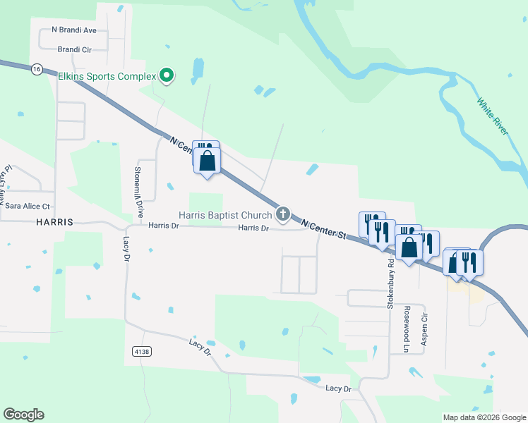 map of restaurants, bars, coffee shops, grocery stores, and more near 2280 North Center Street in Fayetteville