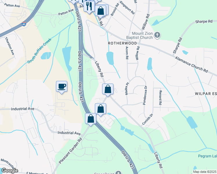 map of restaurants, bars, coffee shops, grocery stores, and more near 2822 Liberty Road in Greensboro
