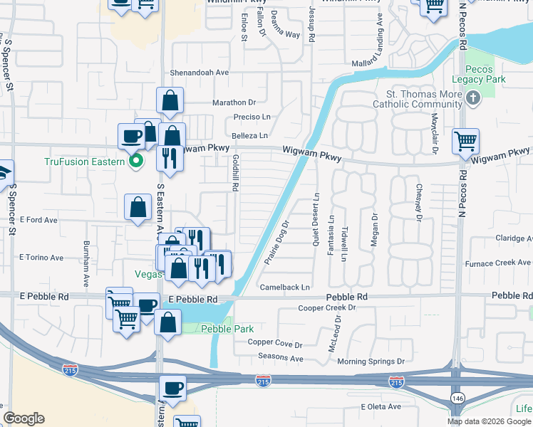 map of restaurants, bars, coffee shops, grocery stores, and more near 2823 Shannon Cove Drive in Henderson