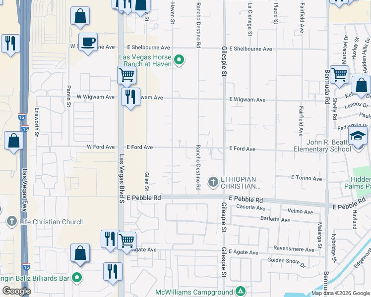 map of restaurants, bars, coffee shops, grocery stores, and more near 139 East Ford Avenue in Las Vegas