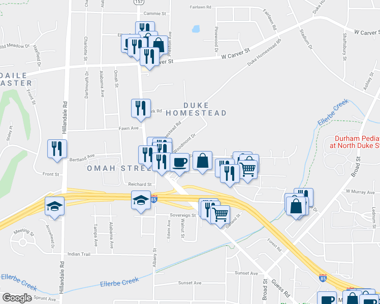 map of restaurants, bars, coffee shops, grocery stores, and more near 2214 Strebor Street in Durham