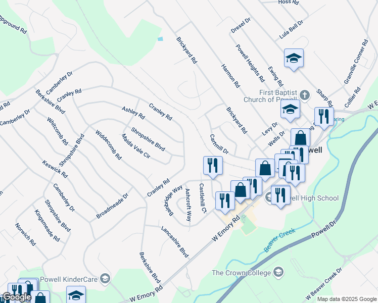 map of restaurants, bars, coffee shops, grocery stores, and more near 7700 Cranley Road in Powell