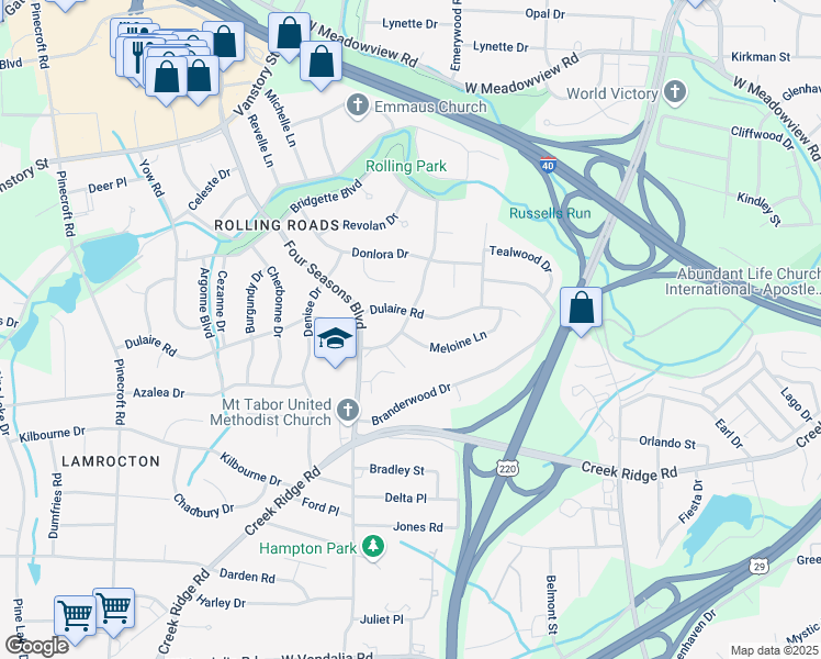 map of restaurants, bars, coffee shops, grocery stores, and more near 2226 Meloine Lane in Greensboro