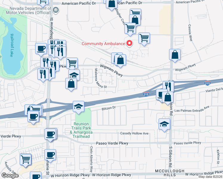 map of restaurants, bars, coffee shops, grocery stores, and more near 45 Maleena Mesa Street in Henderson