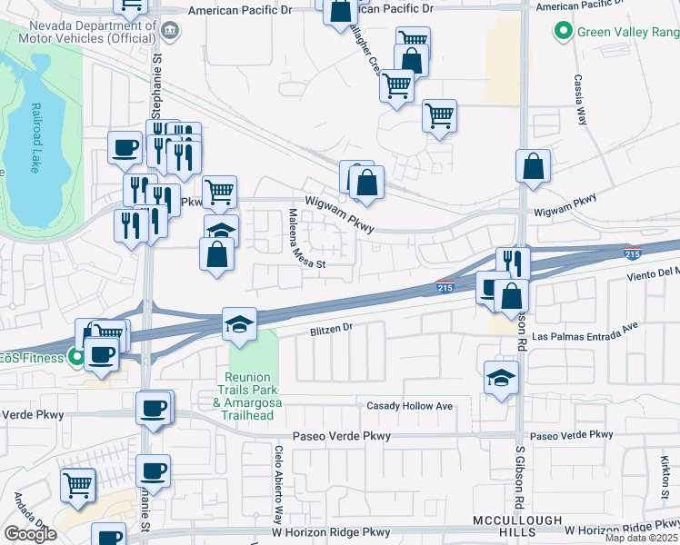 map of restaurants, bars, coffee shops, grocery stores, and more near 45 Maleena Mesa Street in Henderson