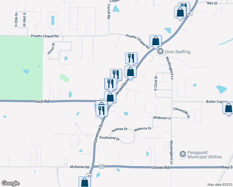 map of restaurants, bars, coffee shops, grocery stores, and more near Linwood Drive in Paragould