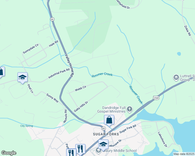 map of restaurants, bars, coffee shops, grocery stores, and more near 1302 Webb Circle in Dandridge
