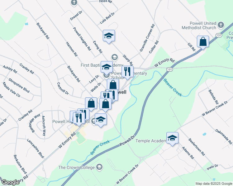 map of restaurants, bars, coffee shops, grocery stores, and more near 7700 Dannaher Drive in Powell