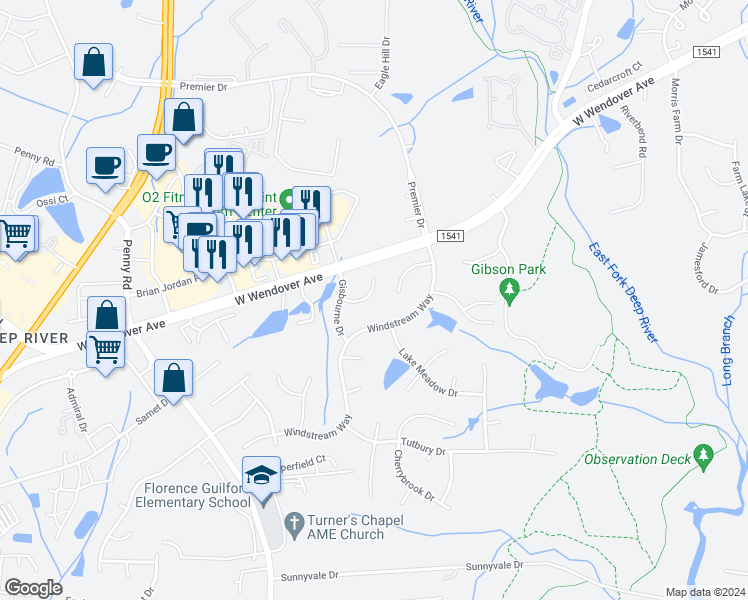 map of restaurants, bars, coffee shops, grocery stores, and more near 4012 Maid Marion Court in Jamestown