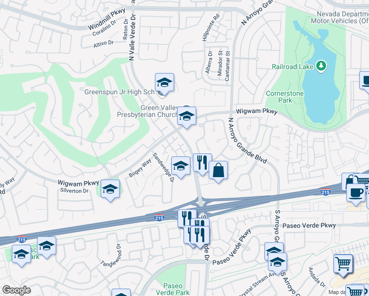 map of restaurants, bars, coffee shops, grocery stores, and more near 75 North Valle Verde Drive in Henderson