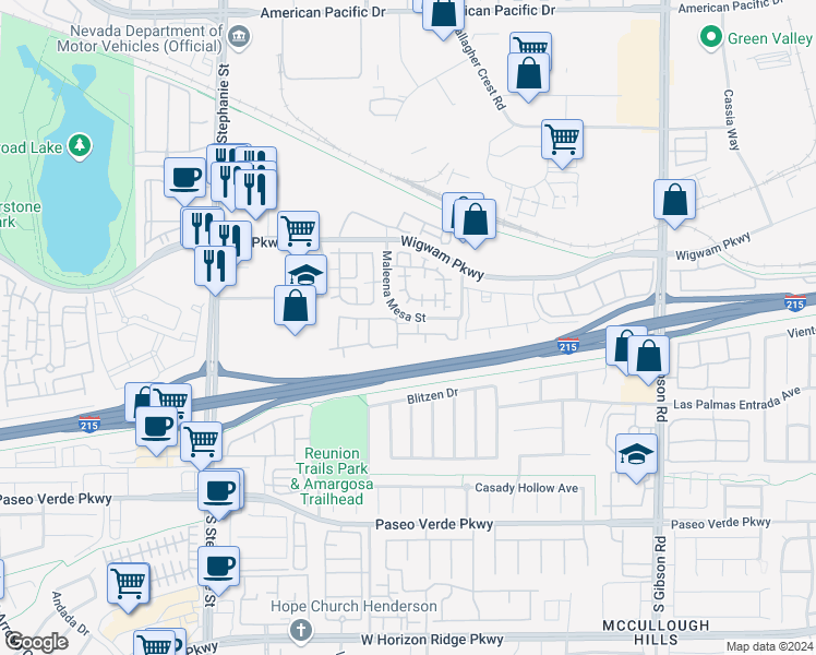 map of restaurants, bars, coffee shops, grocery stores, and more near 45 Maleena Mesa Street in Henderson