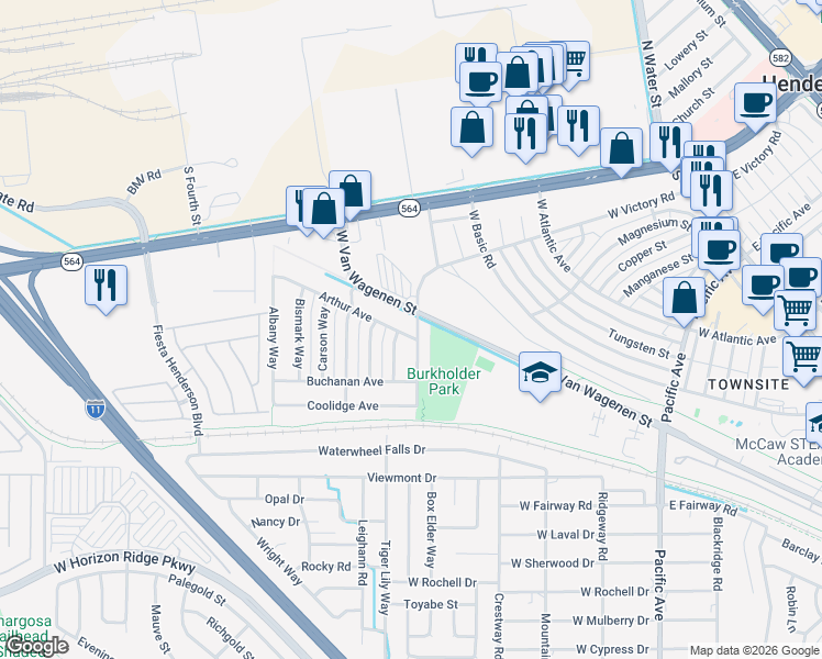 map of restaurants, bars, coffee shops, grocery stores, and more near 610 West Victory Road in Henderson