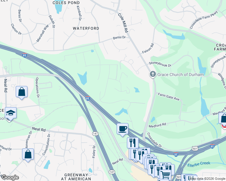 map of restaurants, bars, coffee shops, grocery stores, and more near 1117 Basalt Court in Durham