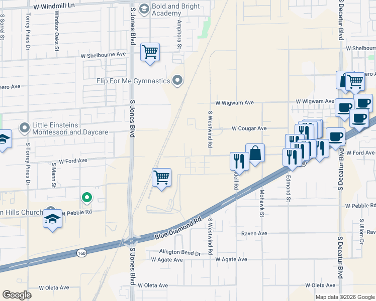 map of restaurants, bars, coffee shops, grocery stores, and more near 5890 West Ford Avenue in Las Vegas
