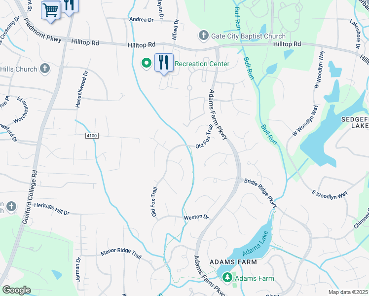 map of restaurants, bars, coffee shops, grocery stores, and more near 7 Rosebank Court in Greensboro