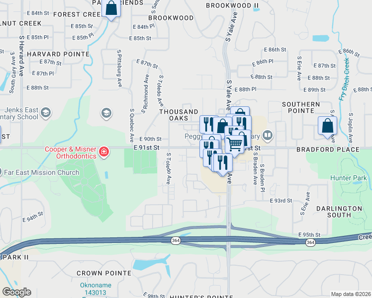 map of restaurants, bars, coffee shops, grocery stores, and more near 9106 South Urbana in Tulsa