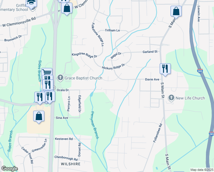 map of restaurants, bars, coffee shops, grocery stores, and more near 4365 Fernbrook Drive in Winston-Salem