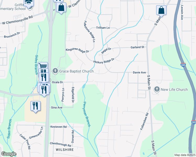 map of restaurants, bars, coffee shops, grocery stores, and more near 4365 Fernbrook Drive in Winston-Salem