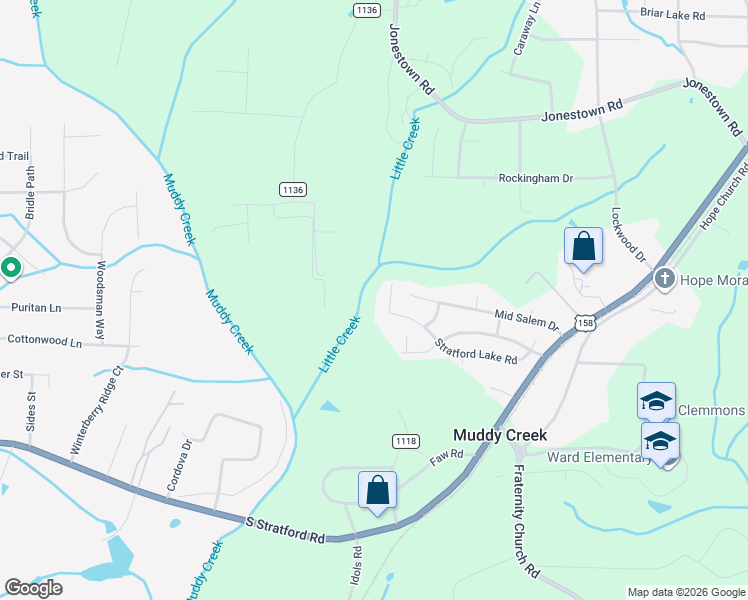 map of restaurants, bars, coffee shops, grocery stores, and more near 2620 Stratford Lake Road in Winston-Salem