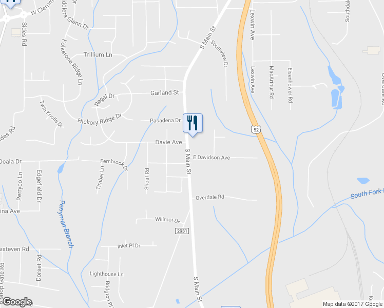 map of restaurants, bars, coffee shops, grocery stores, and more near 4363 South Main Street in Winston-Salem