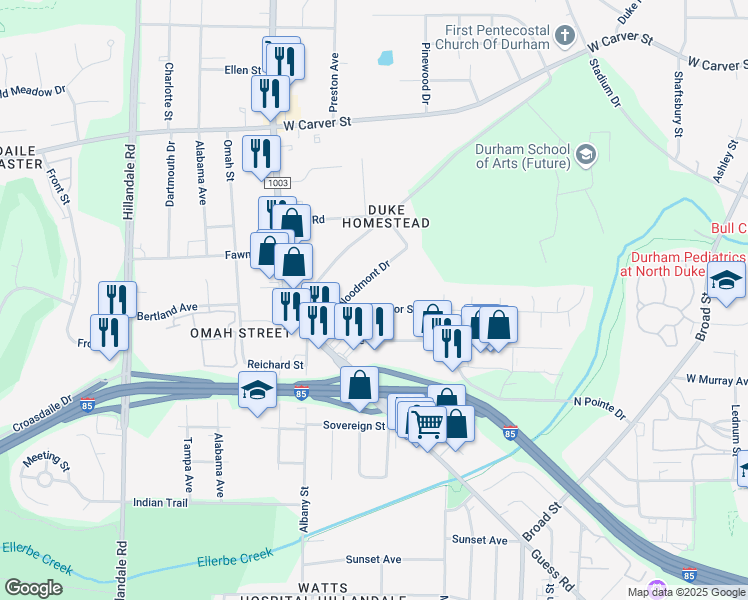 map of restaurants, bars, coffee shops, grocery stores, and more near 2214 Strebor Street in Durham