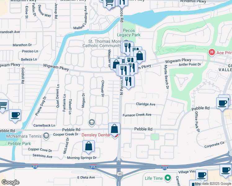 map of restaurants, bars, coffee shops, grocery stores, and more near 2609 Ponderosa Pine Avenue in Henderson
