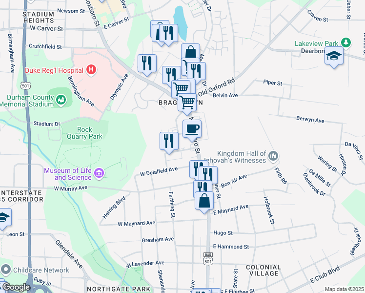 map of restaurants, bars, coffee shops, grocery stores, and more near 100 West Channing Avenue in Durham