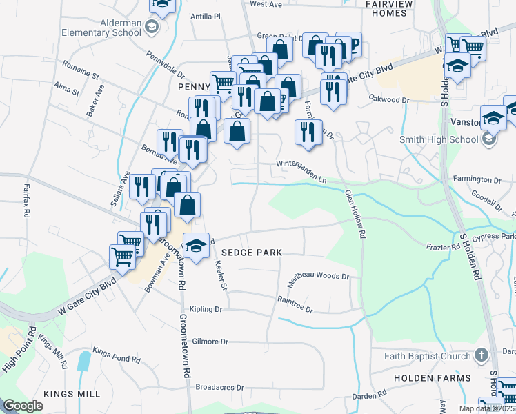 map of restaurants, bars, coffee shops, grocery stores, and more near in Greensboro