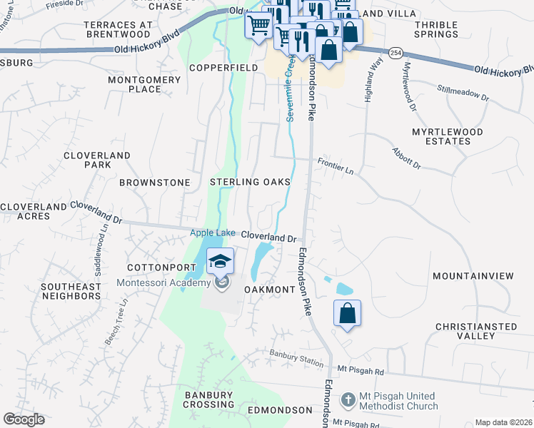 map of restaurants, bars, coffee shops, grocery stores, and more near 6030 Cloverland Drive in Brentwood