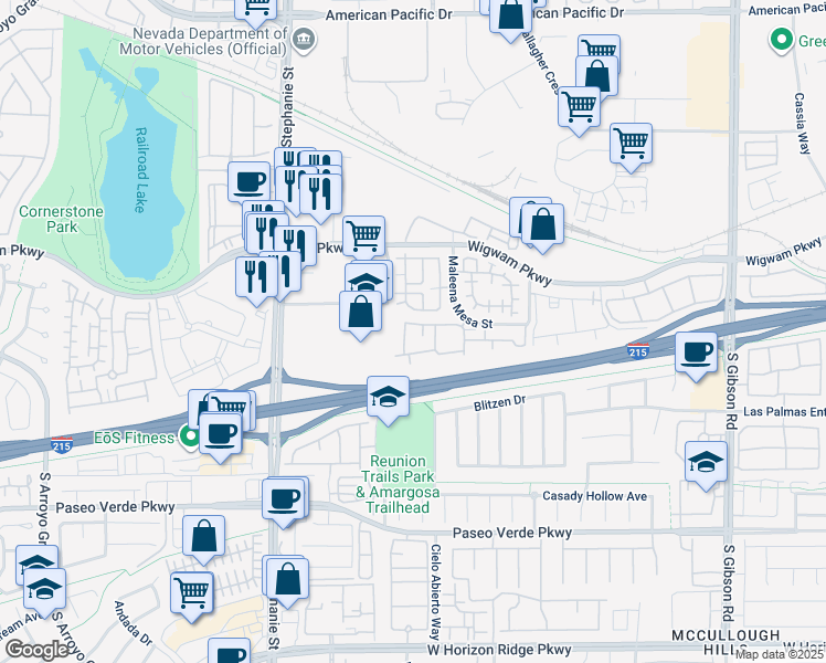 map of restaurants, bars, coffee shops, grocery stores, and more near 45 Maleena Mesa Street in Henderson