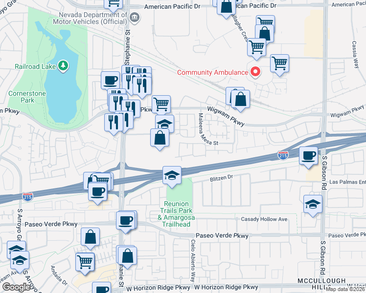 map of restaurants, bars, coffee shops, grocery stores, and more near 45 Maleena Mesa Street in Henderson