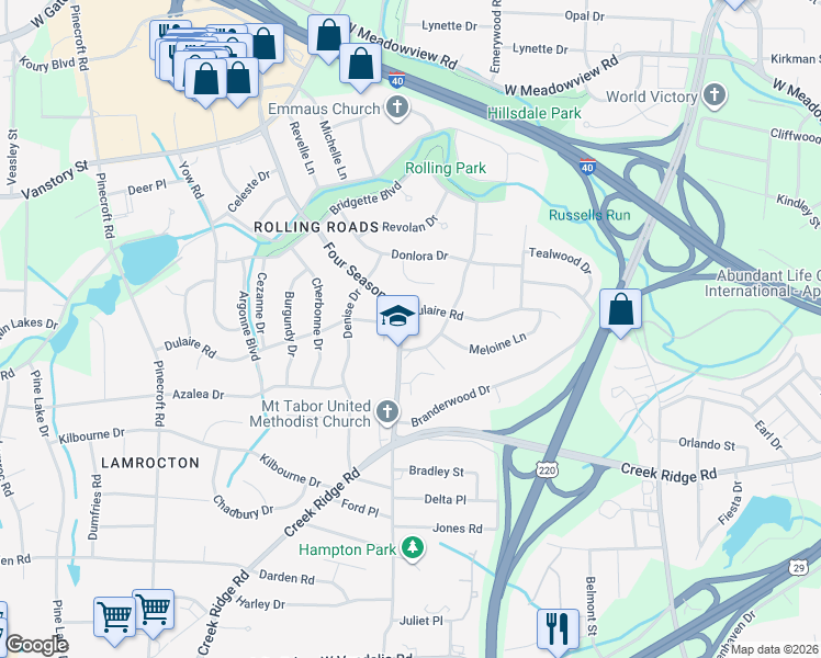 map of restaurants, bars, coffee shops, grocery stores, and more near 2604 4 Seasons Boulevard in Greensboro