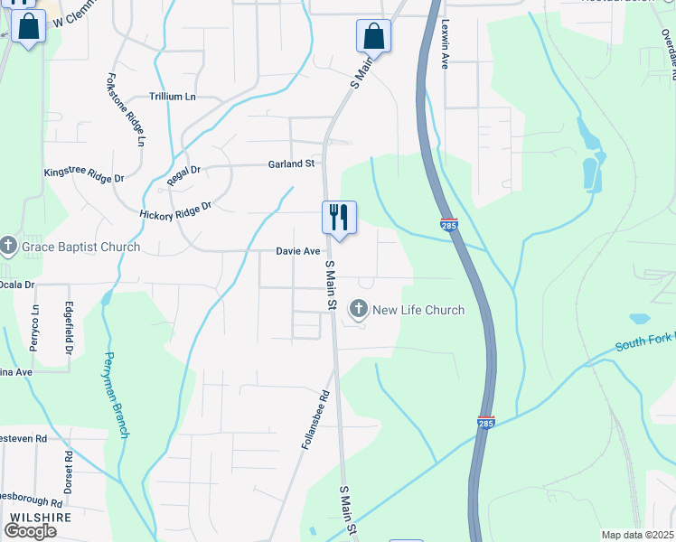 map of restaurants, bars, coffee shops, grocery stores, and more near 4363 South Main Street in Winston-Salem