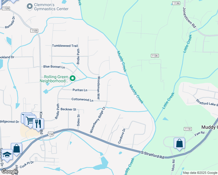 map of restaurants, bars, coffee shops, grocery stores, and more near 4421 Winterberry Ridge Court in Winston-Salem