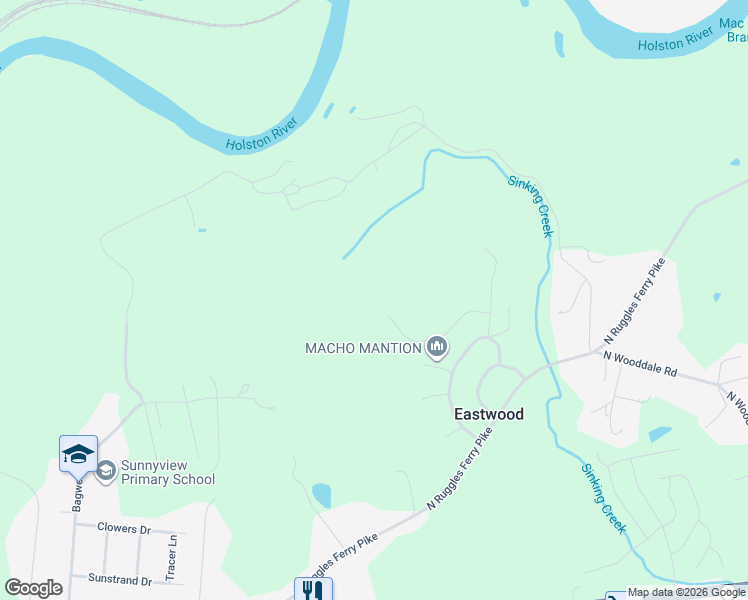 map of restaurants, bars, coffee shops, grocery stores, and more near 7406 Mountie Lane in Knoxville