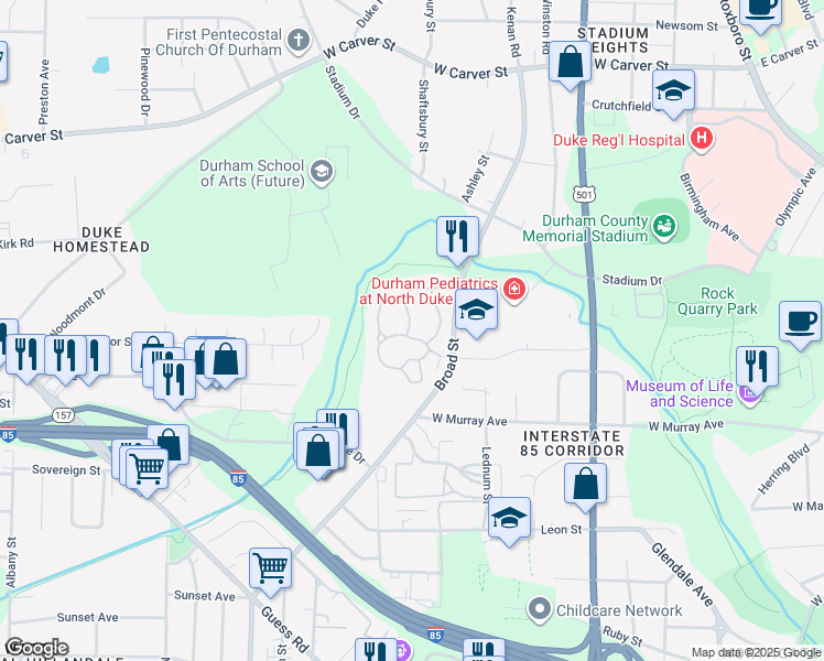 map of restaurants, bars, coffee shops, grocery stores, and more near 30 Glade Crest Way in Durham
