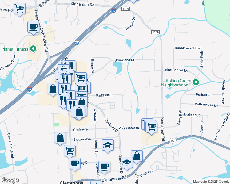 map of restaurants, bars, coffee shops, grocery stores, and more near 6205 Parkfield Lane in Clemmons